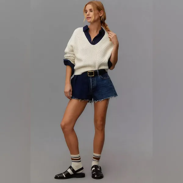 Anthropologie x Maeve V-Neck Sculptured Pullover Sweater - Off White - Image 3