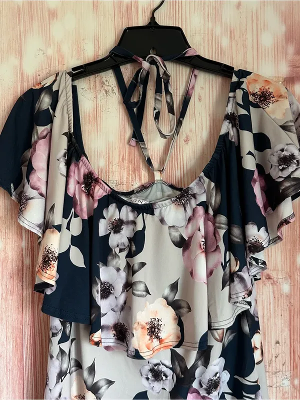 Venus Navy Blue Halter Pink Floral Flounce Top Mini Dress Size L - Image 9