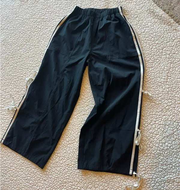 Adorable Black Track Pants with White Side Ties - Image 5