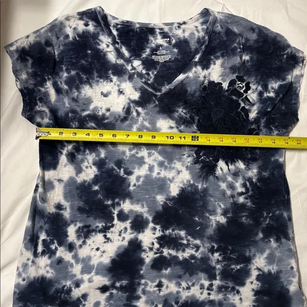 Sonoma Navy Blue and White Tie-Dye V-Neck Tee Boho Boxy SZ L 100% Cotton - Image 5