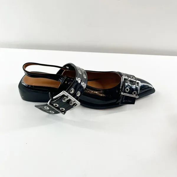 Boutique Black Patent Leather Buckle Slip On Pointed Toe Slingback Flat Shoes 39 / 8.5 - Image 4