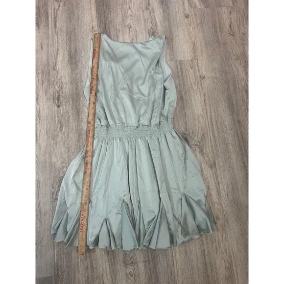 Love X Design Sage Green Satin Smocked Waist Pleated Hem Mini Dress Size Large - Image 5
