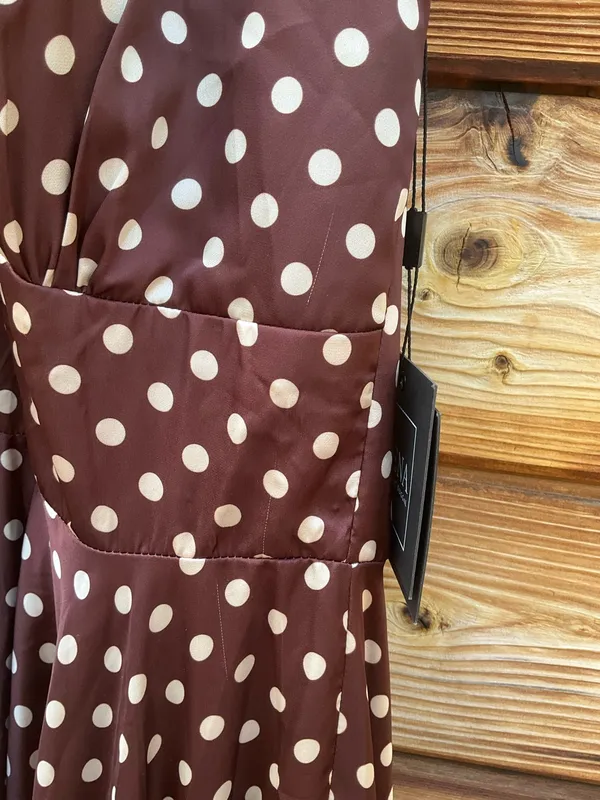 IEENA FOR MAC DUGGAL Size 10 Brown Polka Dot A-Line Halter Gown Rosette FLAWS - Image 11