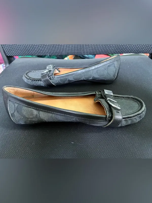Coach Flores Signature Jacquard Loafers Black Canvas Buckle Flats A2160 Size 7.5 - Image 8
