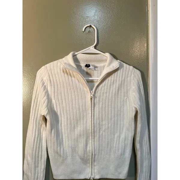 Divided H&M Women's Size Small Full Zip Cardigan Sweater White Ribbed Double Zip - Image 3