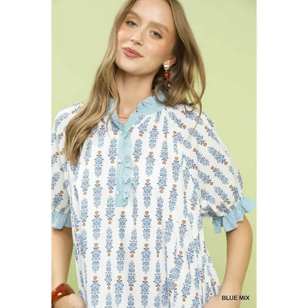 Umgee Striped Trim Floral Tiered Mini Dress - Blue Mix - Medium - Image 4