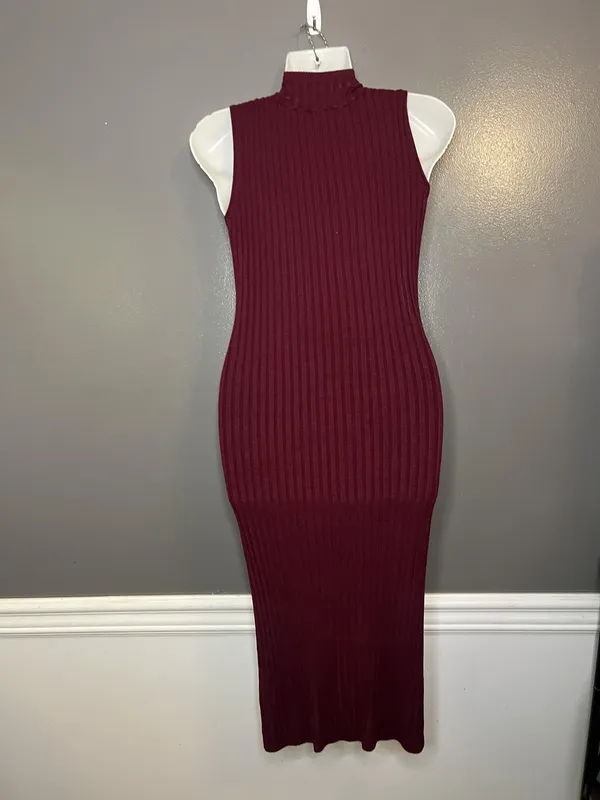 Knit & Love Dress Womens Medium Ribbed Sleeveless Mock Neck Midi Bodycon - Image 6