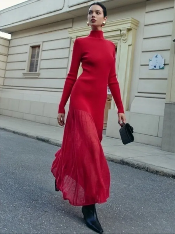 Commense Red Maxi Sweater Dress Ribbed Large Turtleneck Sheer Hem Evening - Image 5