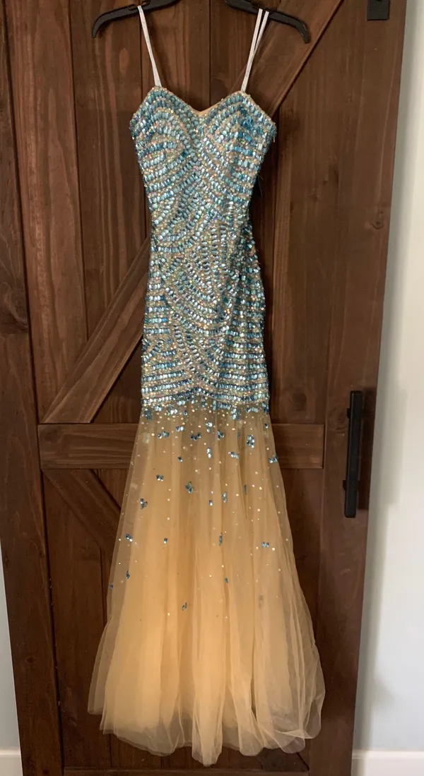 Camille La Vie Beaded Turquoise And Sheer Gown - Image 2