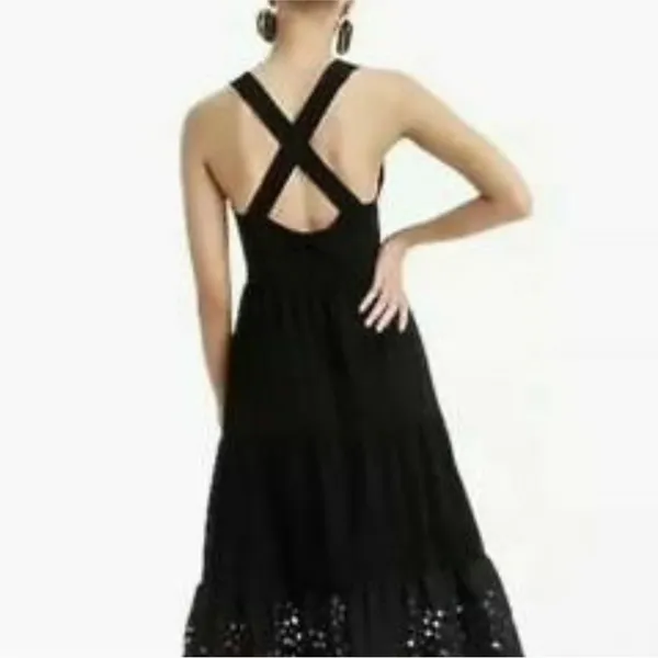 J. CREW Tiered Cotton Black Boho Eyelet Hem Summer Boho Long Dress S - Image 4