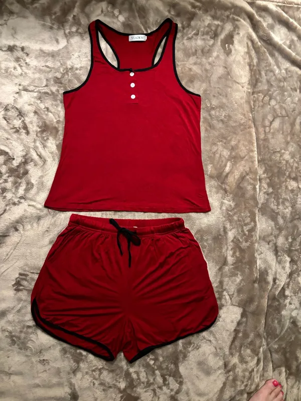 Vlazom Pajama Set Women’s Size S Burgundy/Red Racerback Tank Black Trim - Image 2