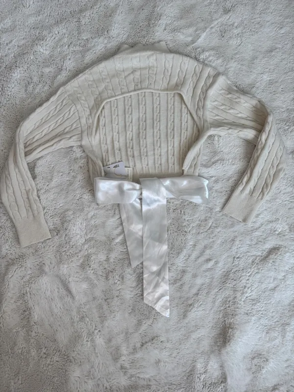 COMMENSE NWT Cable-Knit Open-Back Satin Bow Cropped Sweater Cream White L - Image 2