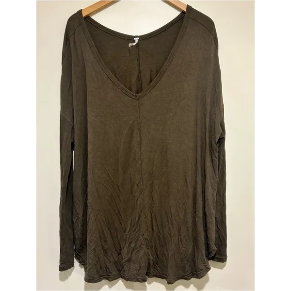 Free People Moonshine Tunic Top V Neck in Army Olive Green Size Large - Image 2