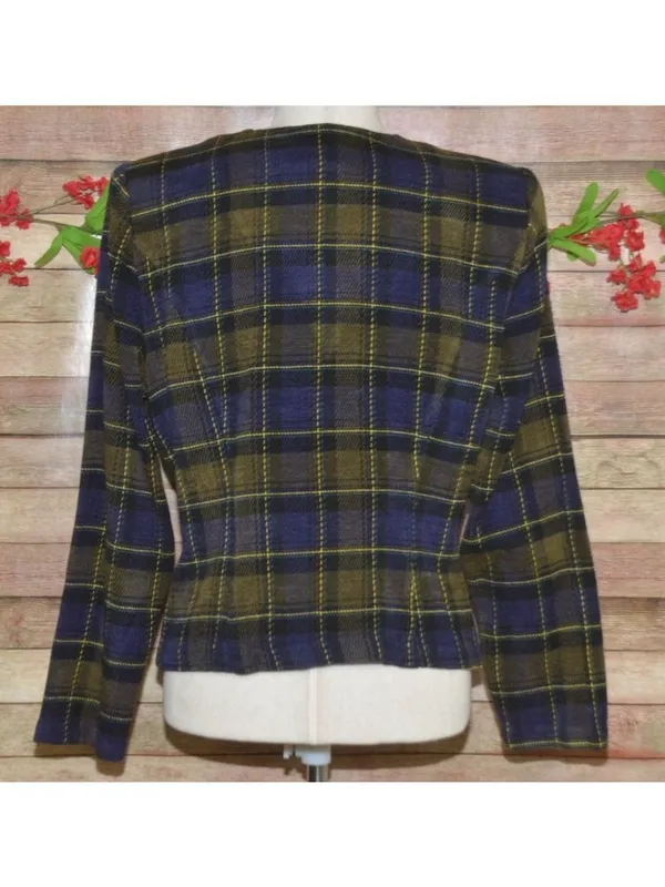 R&K Originals Womens 8 Plaid Jacket Navy Olive Acrylic Dark Academia Preppy - Image 7