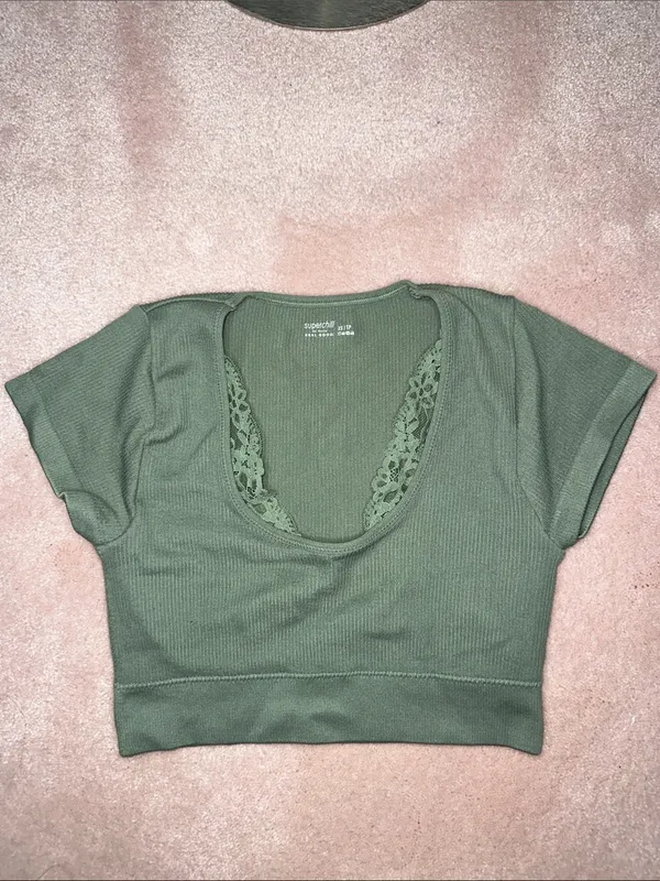 Aerie Superchill Olive Green Ribbed Lace V Neck Cropped Top - Image 2