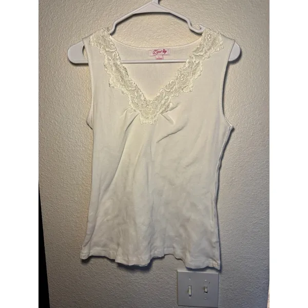 Zena Womens Ribbed Cotton Tank Top Cream Lace V-Neck Sleeveless Shirt Large - Image 2