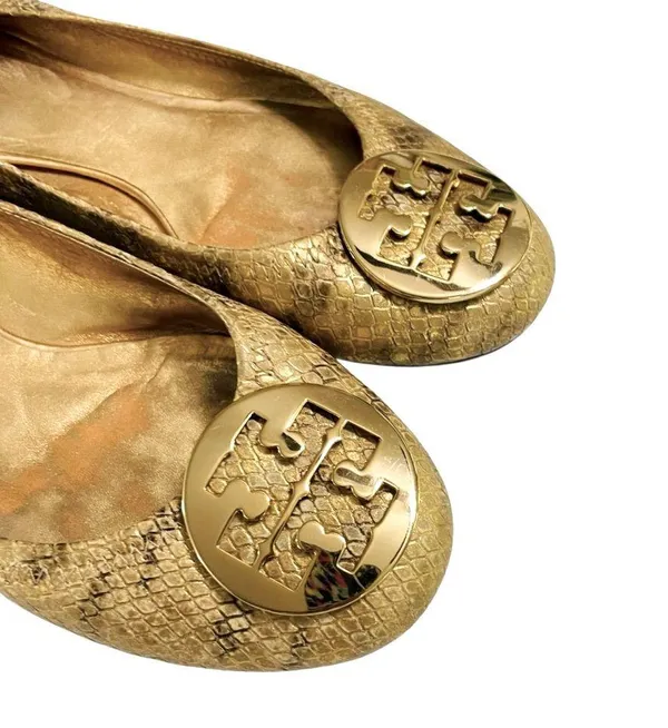 Tory Burch REVA GOLDEN SNAKESKIN MEDALION BALLET FLATS Size 8.5M VGC - Image 7