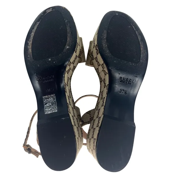 Gucci Lady Horsebit GG Supreme Canvas Platform Sandals Beige 37.5 Box Dust Bags - Image 16