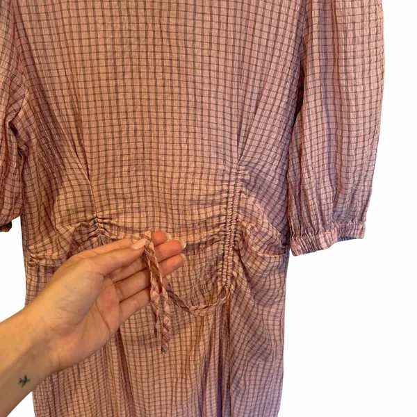 Zara Gathered Waist Puff Sleeve Pink Plaid Midi Dress S Style 4786/056 - Image 4