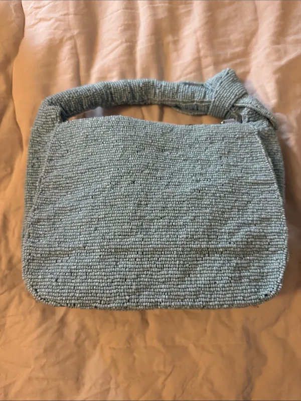 Sol and Mer Beaded Light Blue Striped Top-Handle Bag with Pasta and Tomato Motif - Image 6