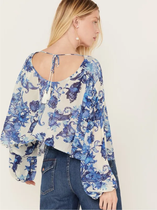 Free People Women’s Up For Anything Western Shirt Smocked Mesh Floral Blue S - Image 3