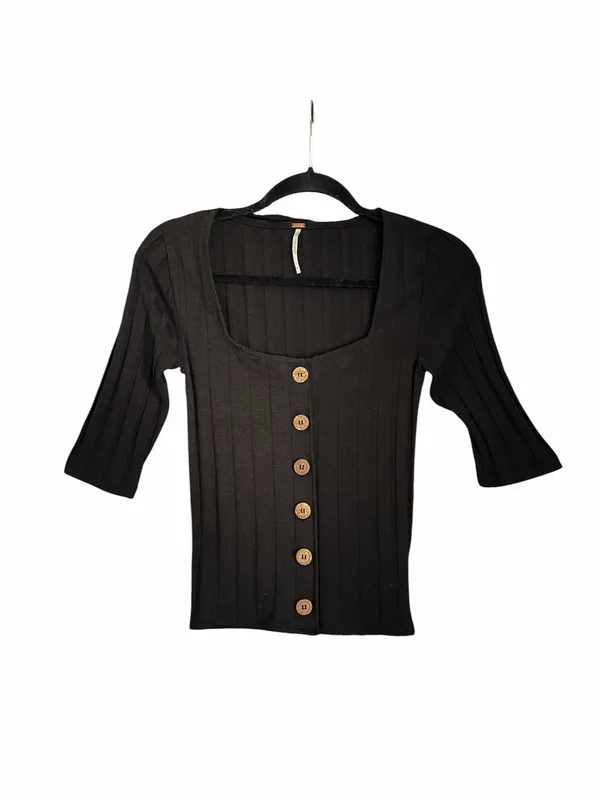 Free People Central Park Women's Black Ribbed Button-Front Top Size XS - Image 5