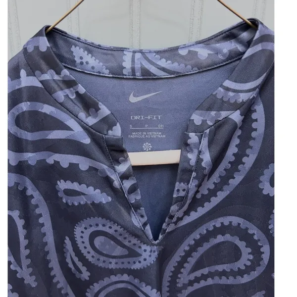 Nike Dri-FIT Women Sleeveless Paisley Polo Shirt Navy Blue Grey Small Split Neck - Image 2
