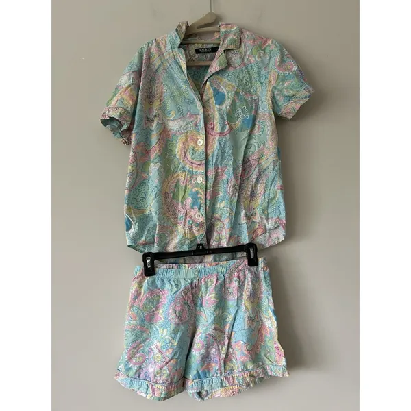 Lauren Ralph Lauren Paisley Pastel Cotton Boxer Pajama Set Size Medium Preppy - Image 2
