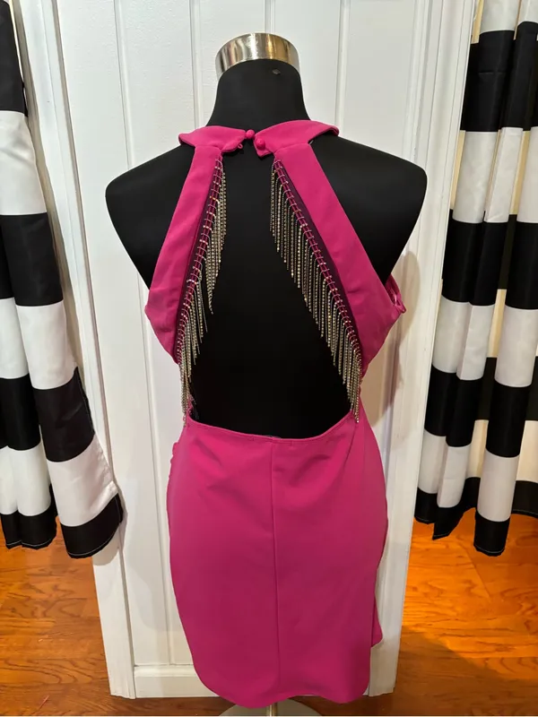 Sincerly Jules Hot Pink Rhinestone Fringe Open-Back Mini - Image 4