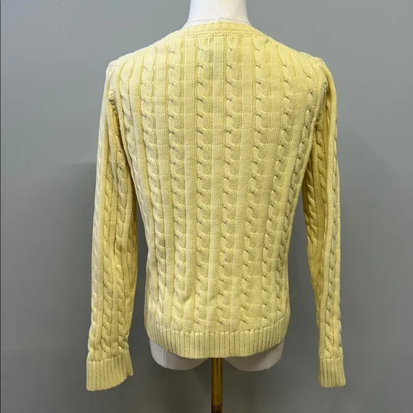 L.L.Bean‎ Cable Knit Crewneck Sweater Yellow Cotton Size Small Preppy Cottage - Image 3