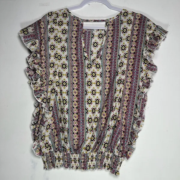 Easel Boho‎ Ruffle Sleeve Smocked Hem Geometric Tribal Print Blouse Small - Image 2