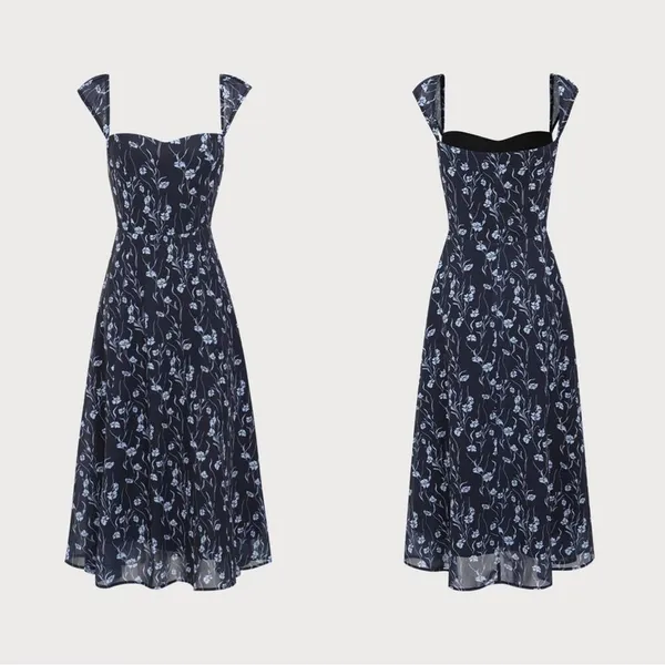 RIHOAS Navy Floral Sweetheart Neck Midi Dress - Image 6