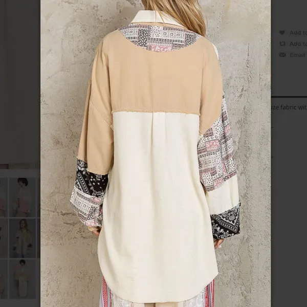 L POL Beige Cream Patchwork Long Sleeve Button Shirt Jacket - Image 4