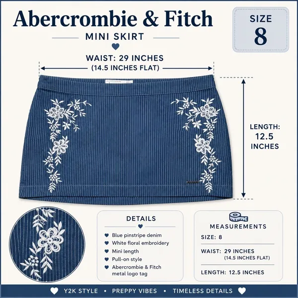 Abercrombie & Fitch Y2K Blue Pinstripe Embroidered Denim Mini‎ Skirt Size 8 - Image 9
