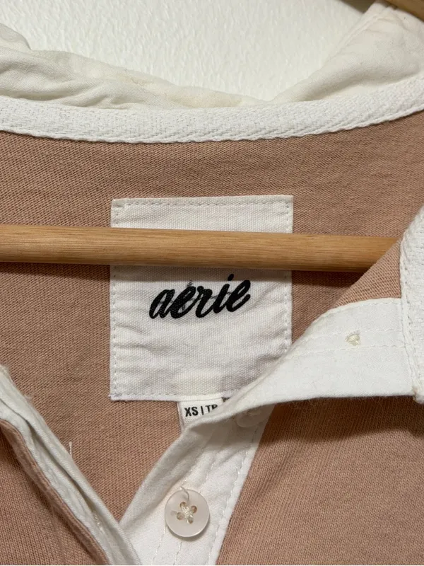 Aerie Oversized Rugby Polo Shirt Size XS Tan Long Sleeve Top - Image 3