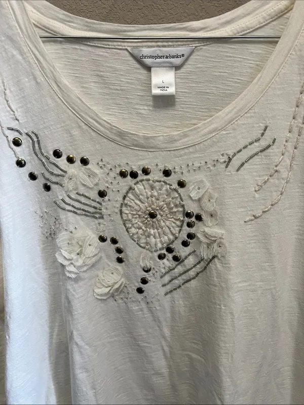 Christopher & Banks Cream Embroidered Scoop Neck Long Sleeve Top - Image 3