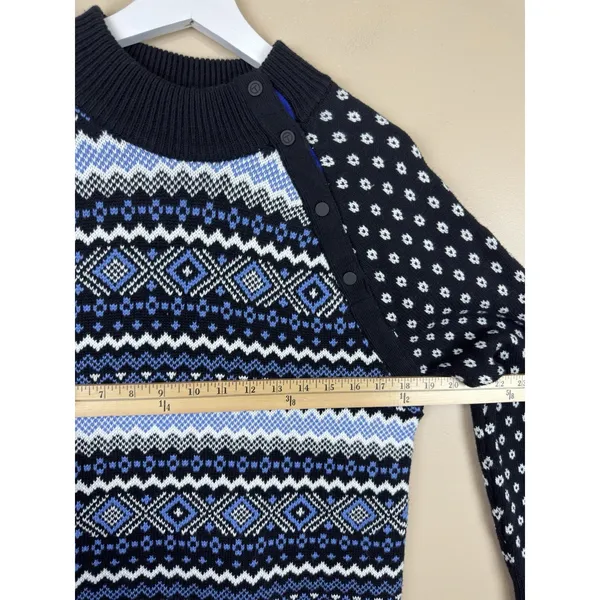 T by Talbots Fair Isle Thermolite Snap Mockneck Sweater Black/Blue Womens M NWOT - Image 11