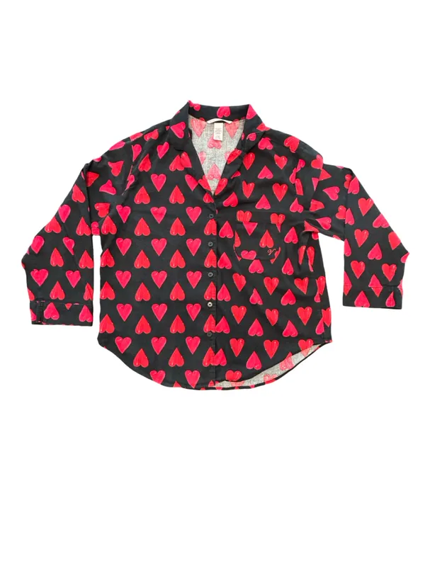 Victoria’s Secret Black Red Heart pattern Button Up cozy Flannel pajama Set SM - Image 4