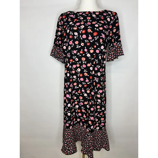 Talbots Womens Black Pink Floral Mixed Print Ruffle Hem Bell Sleeve Midi Dress 6 - Image 2