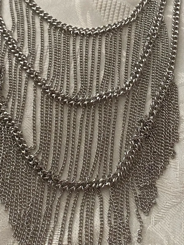 DaVinci Silver Tone Necklace & Earrings Set 3 Rows Fringe Statement Festival New - Image 5