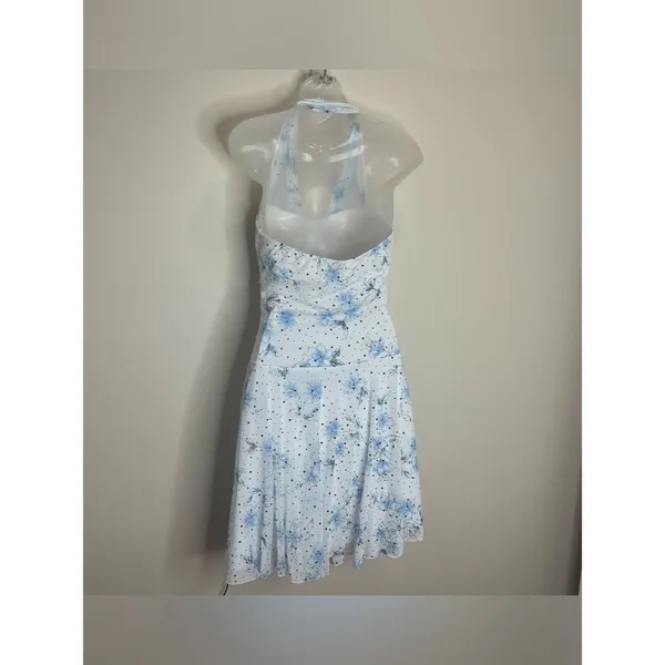 Taboo Y2K 90s White halter v neck Floral Halter Dress Light Blue size large - Image 3