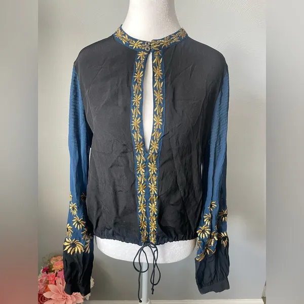 Free People Black & Blue Gold Embroidered Boho Blouse Top - Image 2