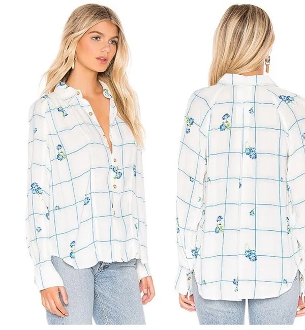 NWT Free People Window To My Soul Blue Floral Button Up XS - Image 4