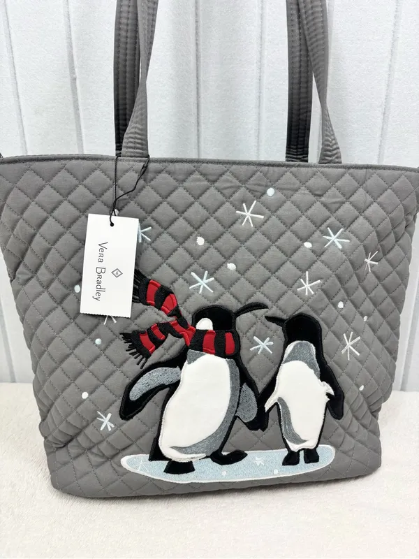 Vera Bradley Gray Quilted Penguin Tote with Red Scarf Accents NEW - Image 2