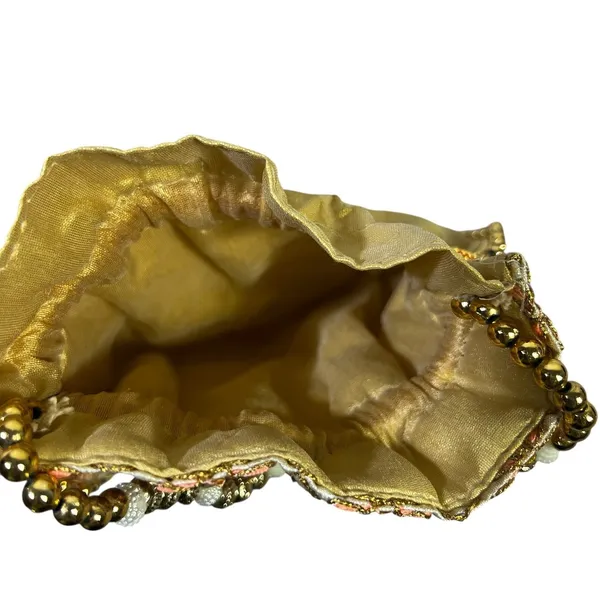 Designer Evening Clutch Beaded Handle Drawstring Pouch Bag Gold - Image 5