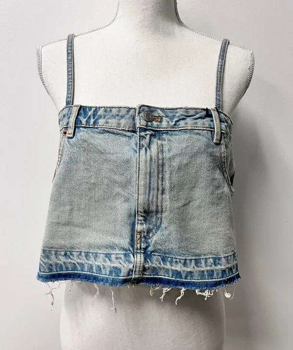 ZARA NWT Cropped Denim Jean Top Distressed w/ Spaghetti Straps Light Blue Wash - Image 2