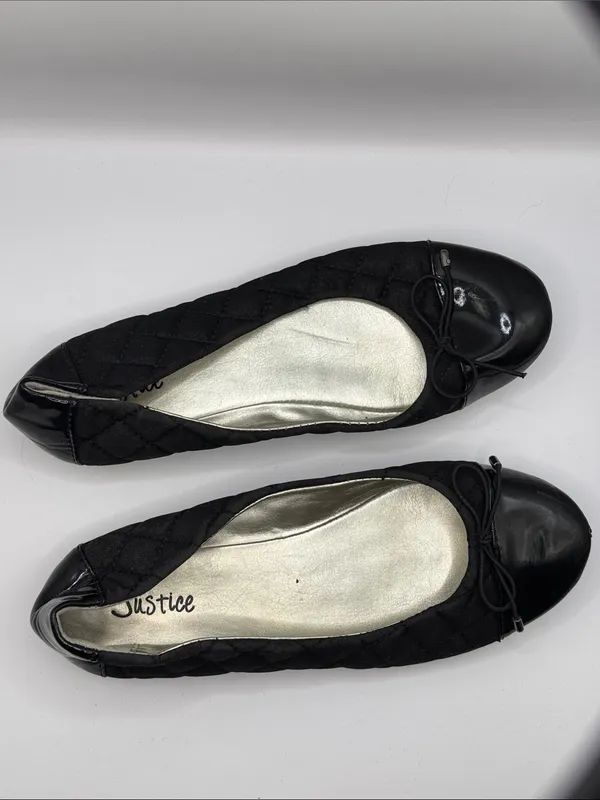 Justice Black Quilted Ballet Flats Patent Toe Bow Slip On Shoes Size 8 - Image 9