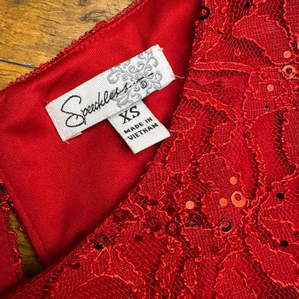 Sparkles & Swirls Red Sequin Lace Cap Sleeve‎ Pleated Dress Girls Size XS - Image 4