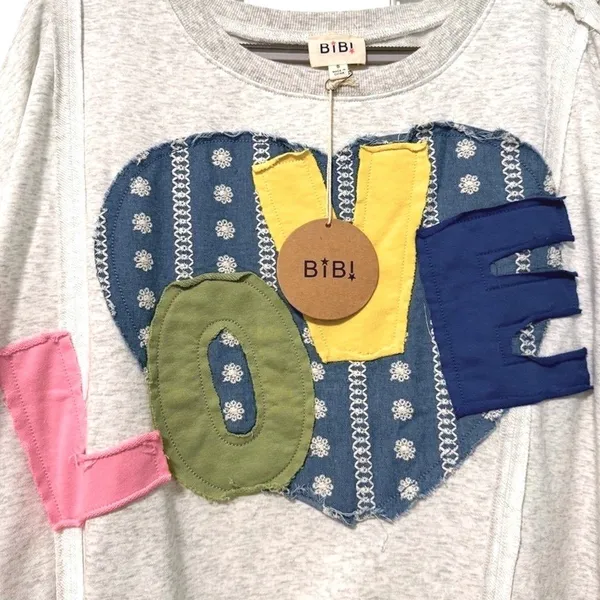 BiBi Pullover‎ Sweatshirt Gray Artsy Love Boho Patchwork Graphic Women XL/XXL - Image 2