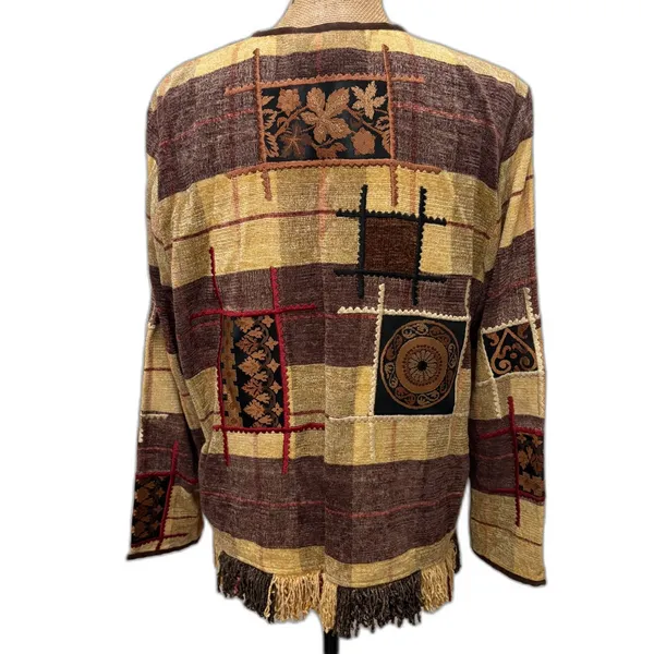 Vintage Allure Boho Patchwork Fringe Chenille Jacket‎ Brown Yellow Size Medium - Image 5